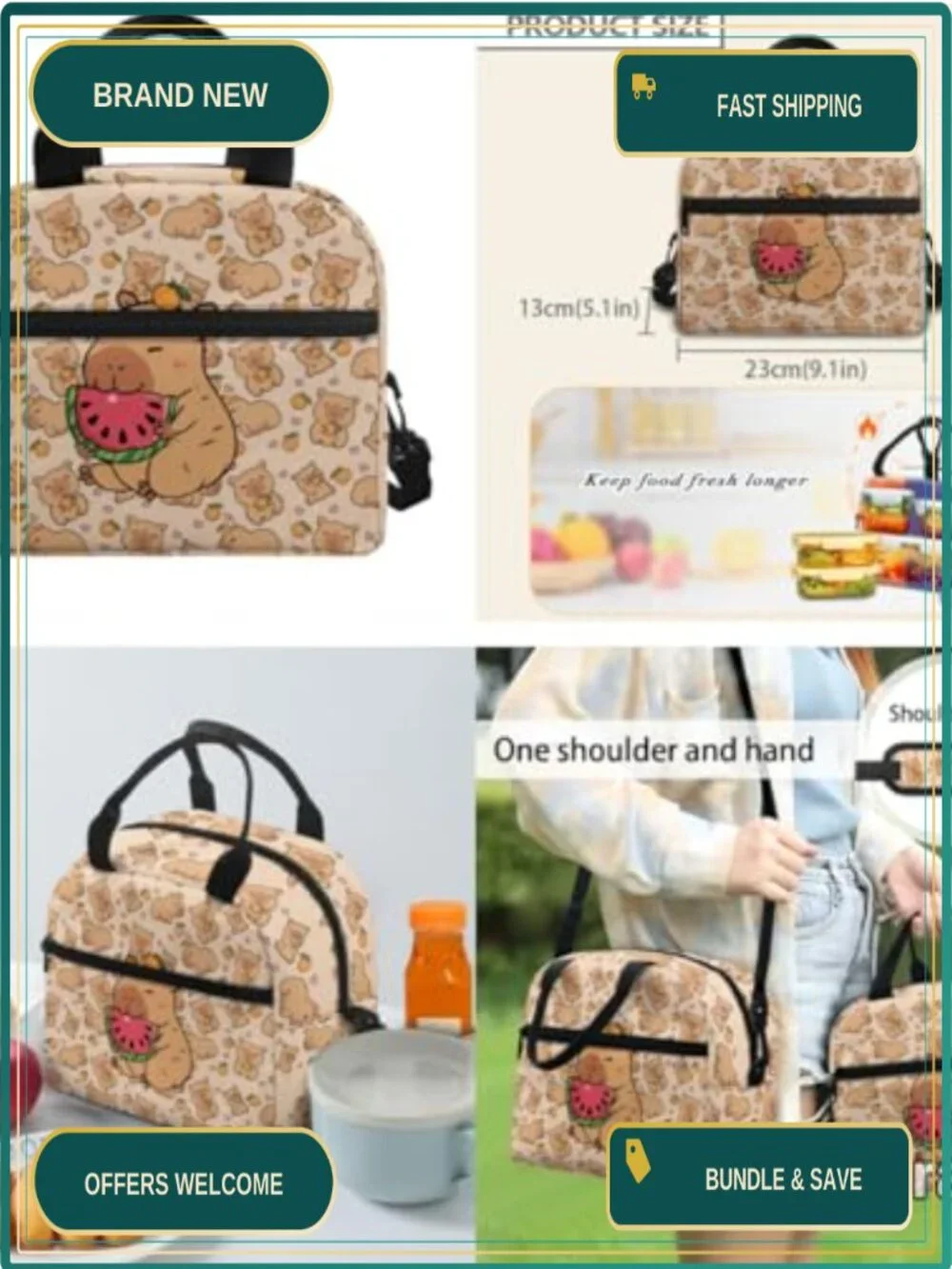 Watermelon Capybara Kids Backpack 5PCS Set with Lunch Bag Pencil Case Water